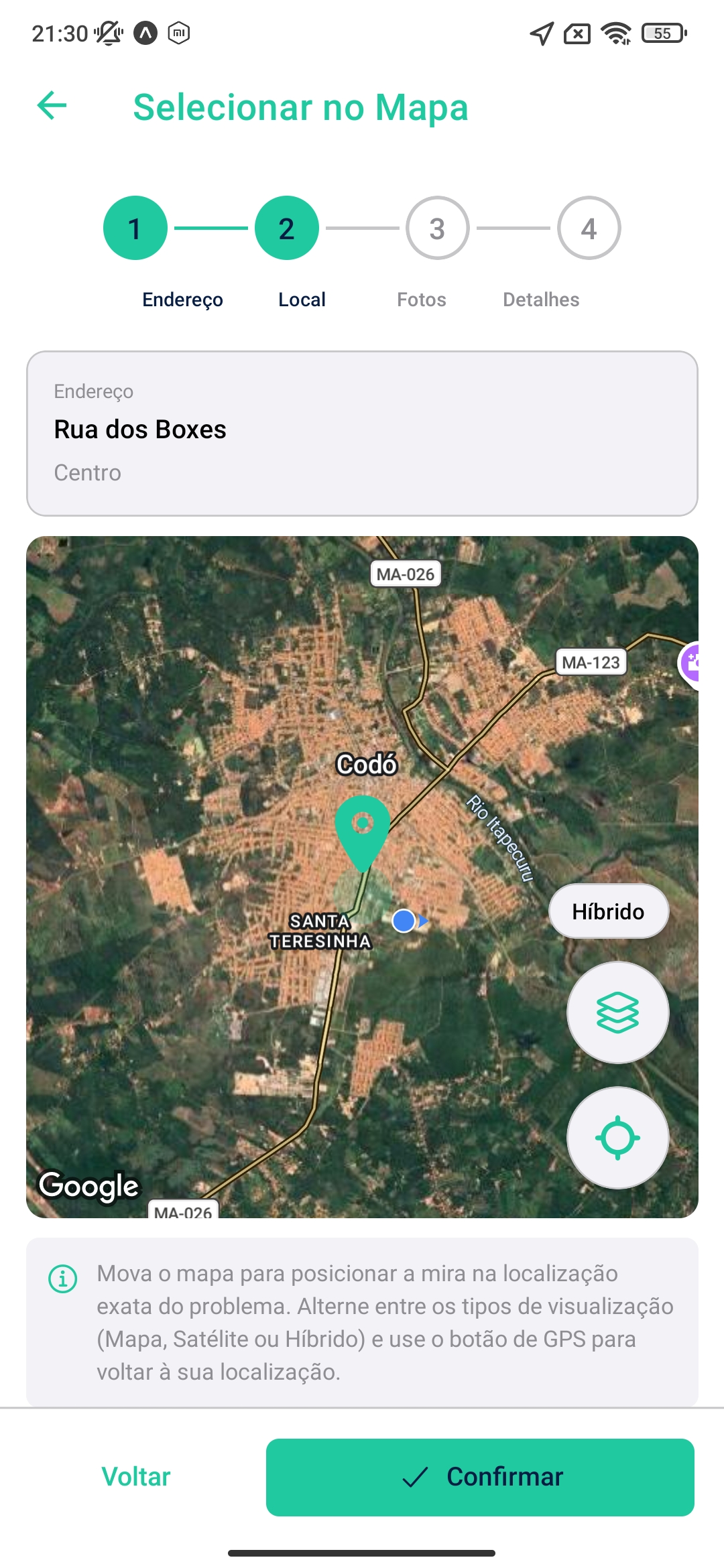 App do cidadão SigLuz — seleção da localização exata do problema no mapa